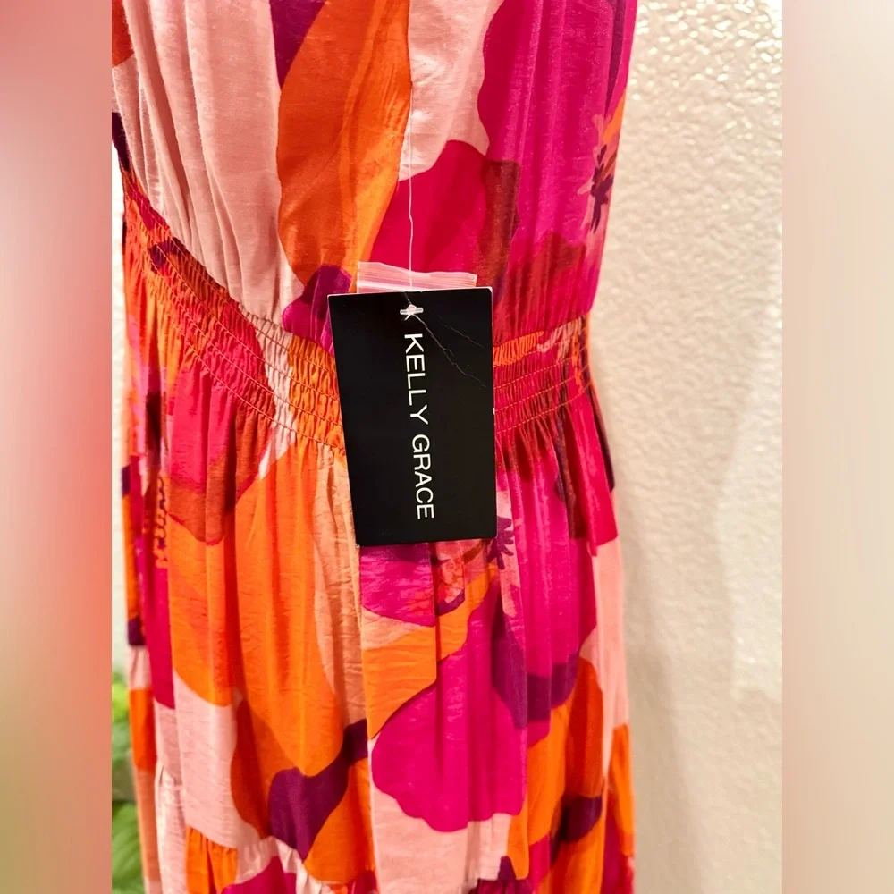 KELLY GRACE - Taylor Tiered Midi Dress - Orange Pink Floral - Size XL - Picture 7 of 8